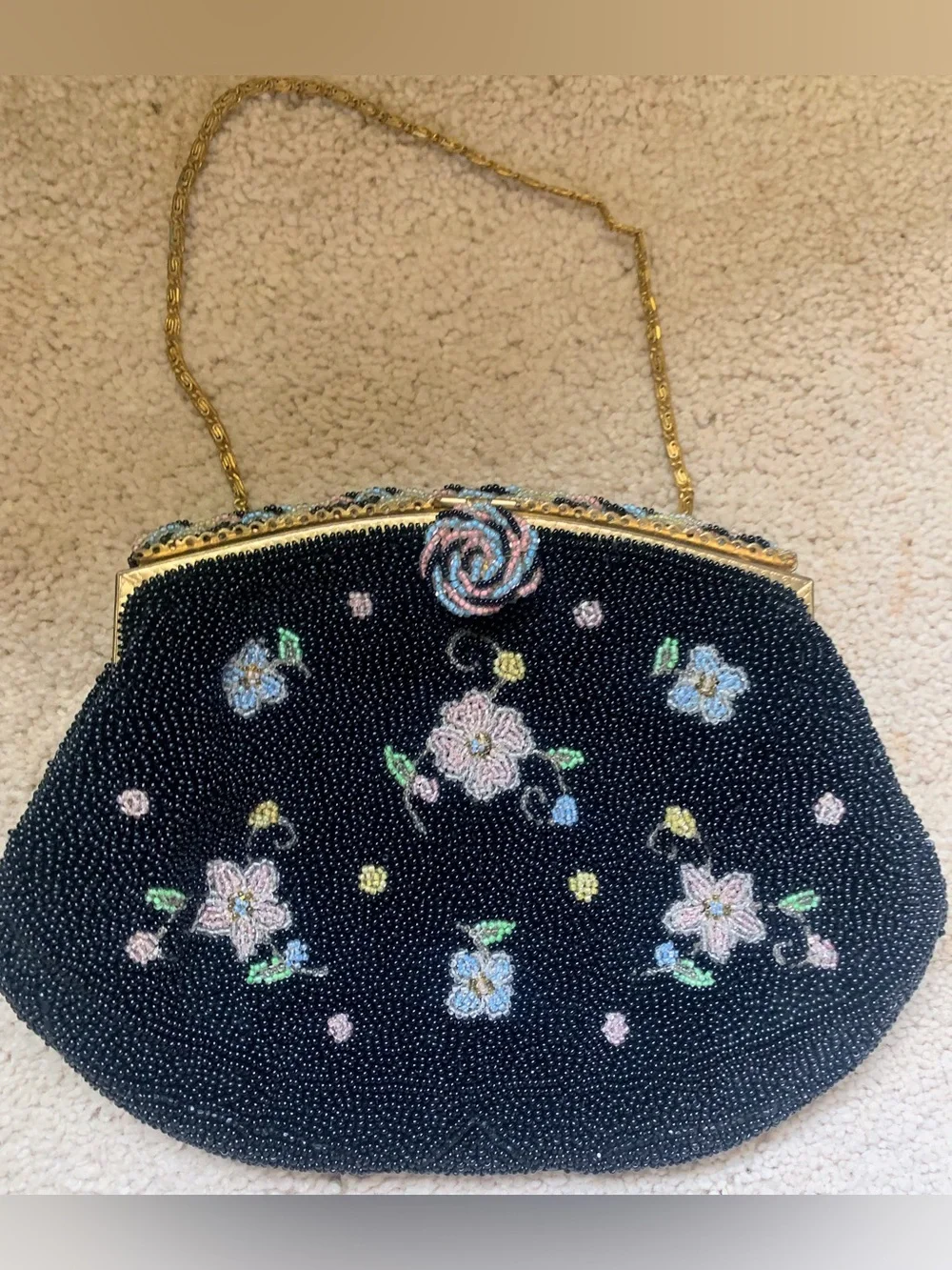 Vintage 1940’s Freddy Floral Beaded Purse Paris Handmade Evening Handbag Clutch